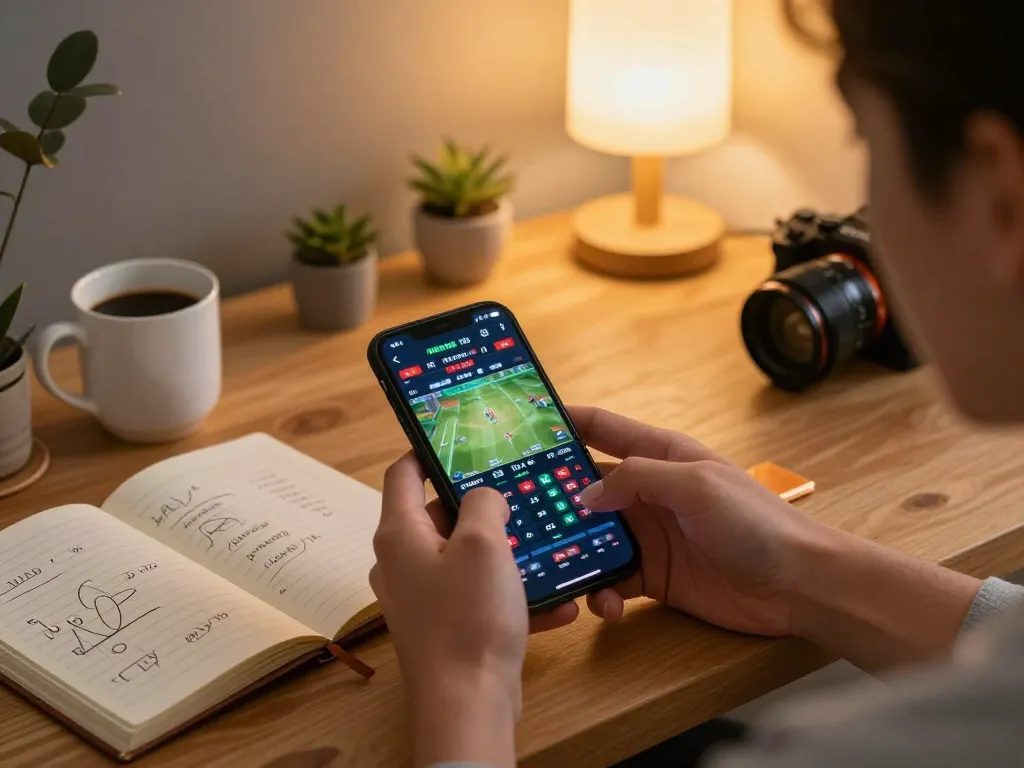 Enjoying SV368 Đá gà thomo while betting on a smartphone in a cozy home setup.