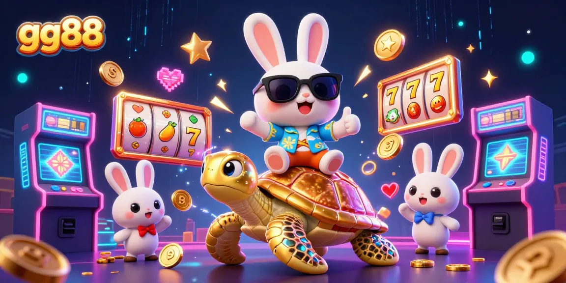 Bet on exciting games at gg88, featuring a lucky rabbit on a sea turtle surrounded by vibrant casino elements.