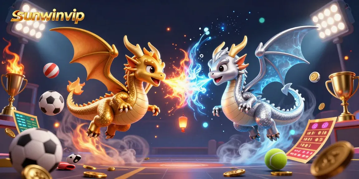 Engage with thrilling dynamics of sunwinvip, featuring twin dragons amidst vibrant sports elements.