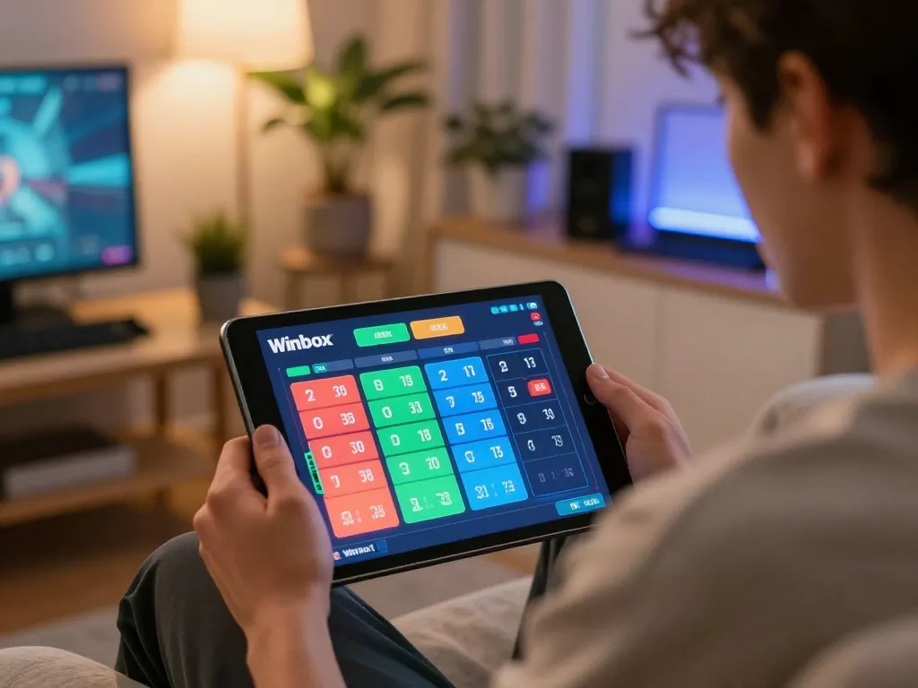 Engaging player experiencing Winbox lottery gameplay on a tablet in a cozy home setting