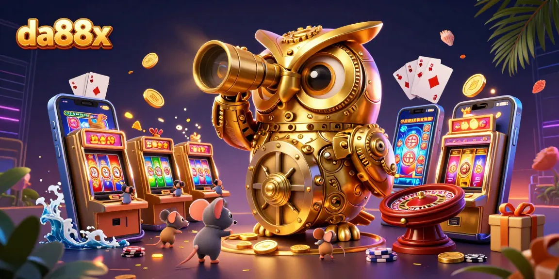 Spin the reels at da88x with vibrant casino action featuring an owl and lively mice.