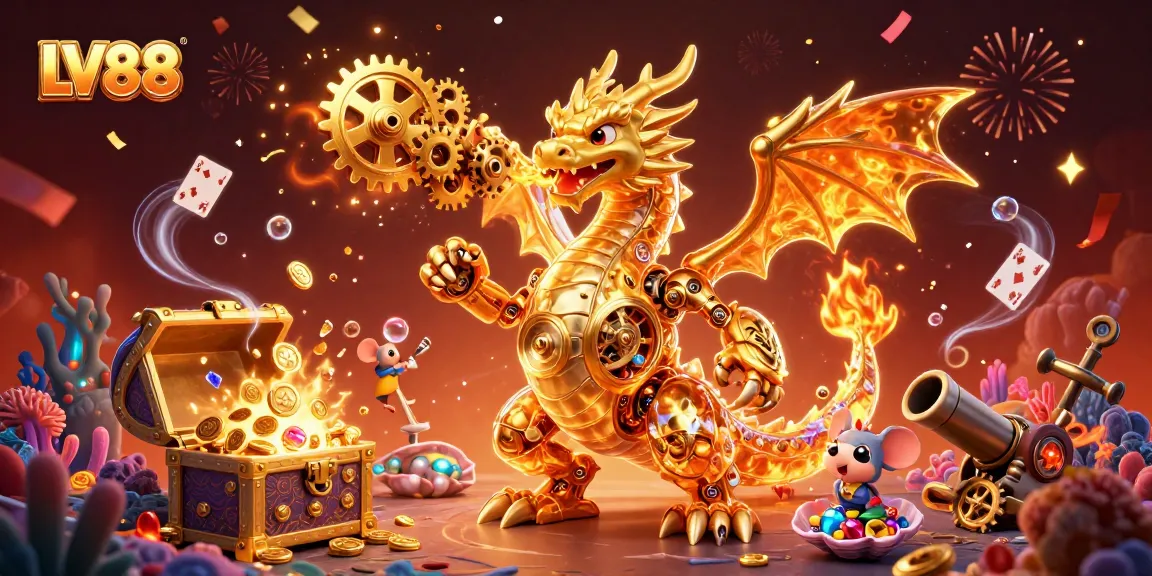 Engage with LV88's thrilling gameplay as a golden dragon breathes gears amidst treasure-filled adventures.