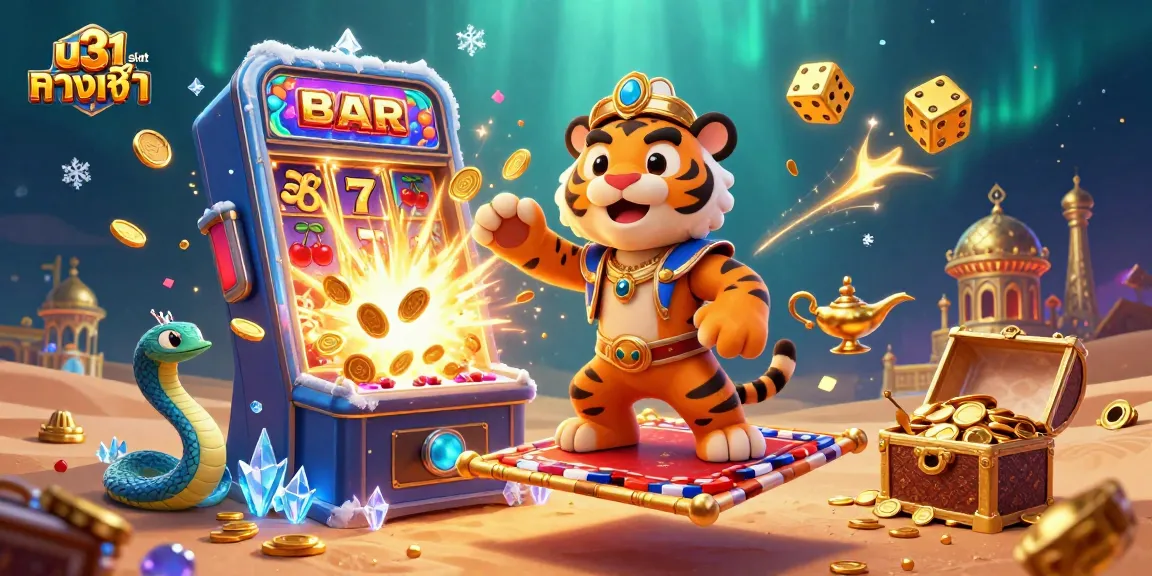 เล่นเกม u31 slot ทางเข้า โดยมีเสือสุลต่านและเครื่องสล็อตระเบิดแจ็คพอตในภาพ 3D