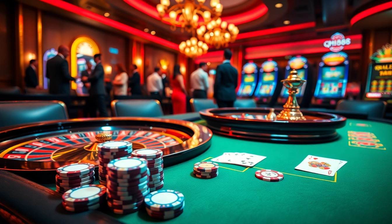 Experience the thrill of playing at qh88 in a luxurious casino with vibrant tables and exciting gaming action.