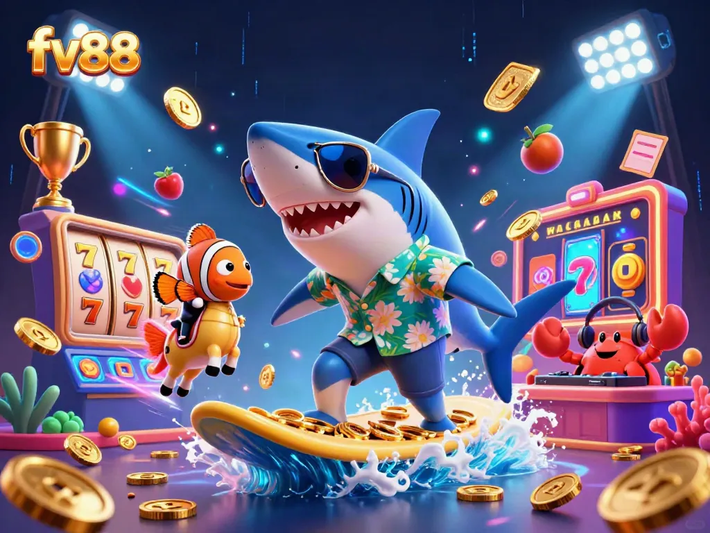 fv88 showcases an exciting casino scene with animated characters and vibrant slot game elements