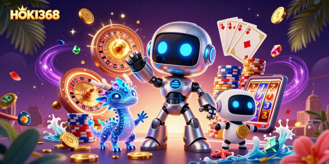 Engage with HOKI368's vibrant casino scene featuring a robot, dragon, and drone amidst gold coins.