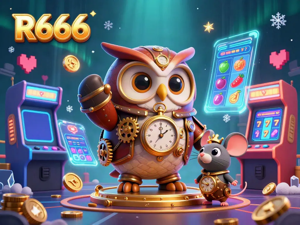 Experience R666 with a vibrant 3D steampunk owl and gambling elements creating an engaging gaming atmosphere.