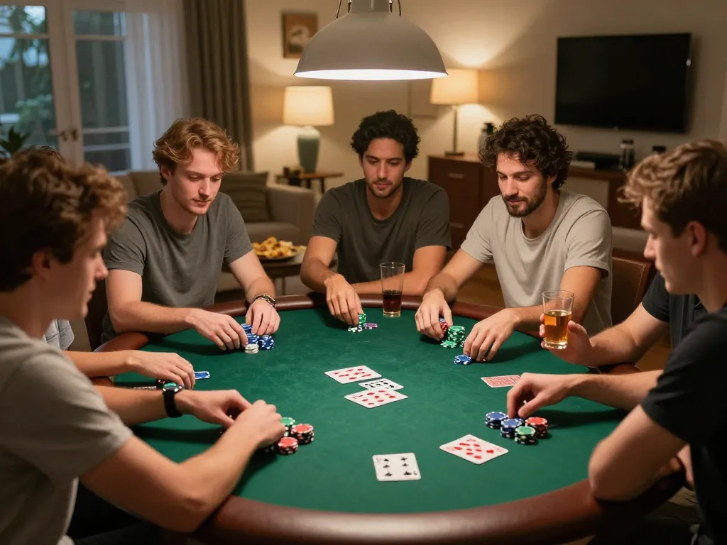 Friends enjoying an exciting poker night at home while playing Sunwin.