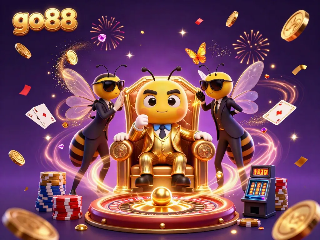 Experience thrilling online gambling with go88 featuring a cartoon bumblebee mob boss amid golden coins and casino elements.