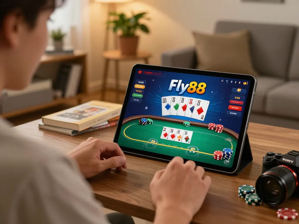 Experience Fly88 casino games on tablet with vibrant gaming interface, showcasing responsible gambling.