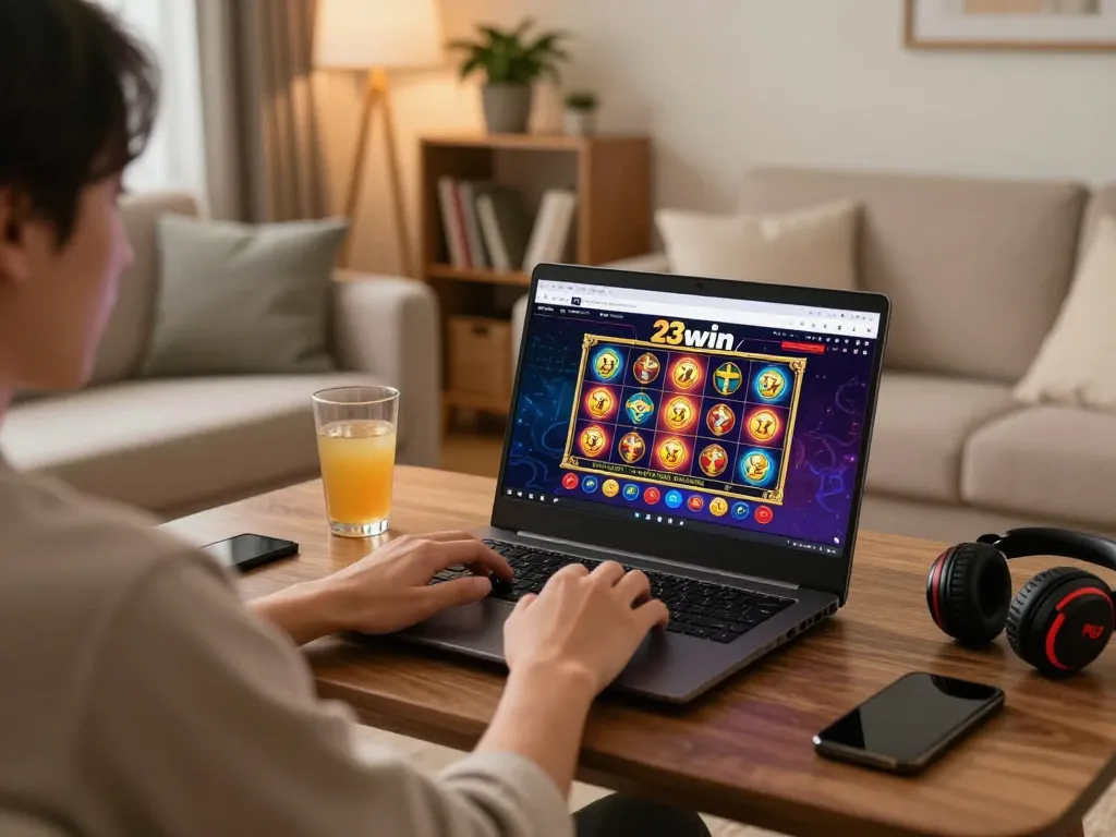 Player enjoying online slots at 23win with vibrant interface and cozy home decor.