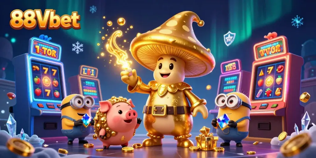 Play slots at 88Vbet with a magical 3D illustration of a golden mushroom wizard and treasures.