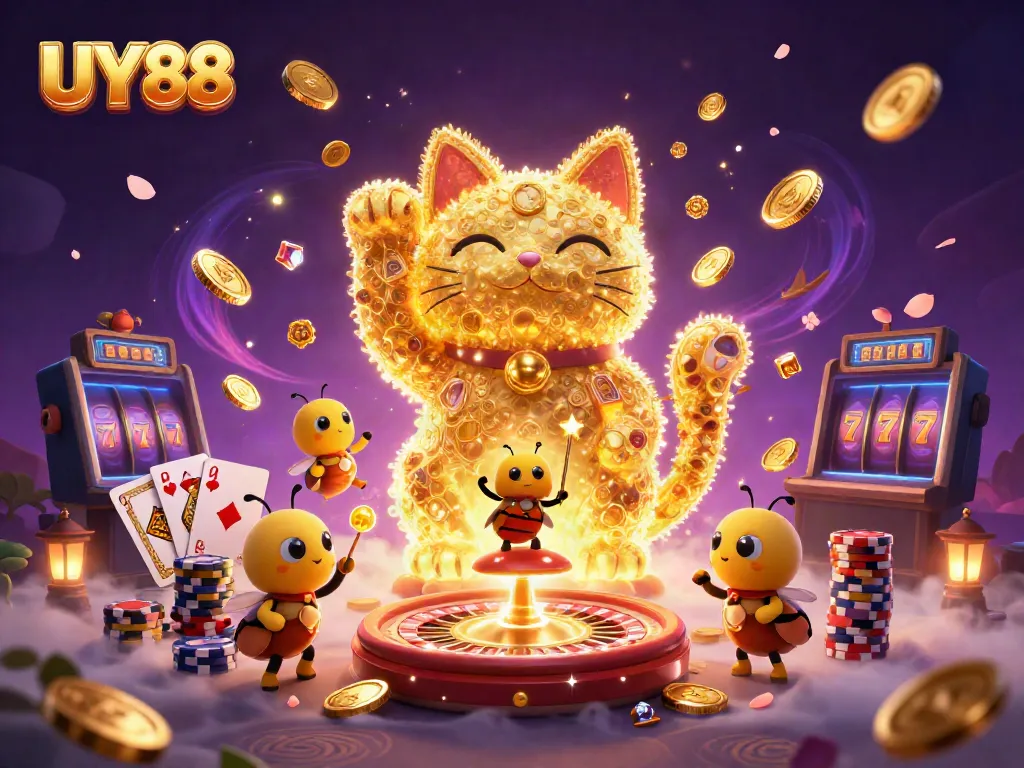 Hòa mình vào không gian UY88 với chú mèo may mắn màu vàng và những đồng xu chảy ra.