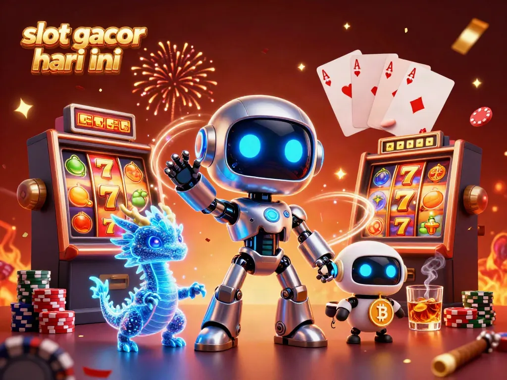 Spin the reels with slot gacor hari ini, featuring vibrant robotic characters at a casino table with colorful chips.