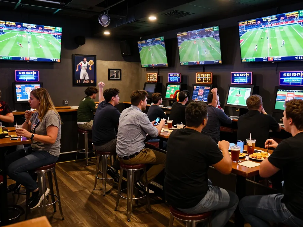 Xoilac enhances sports betting experience as patrons cheer and engage at local bar.