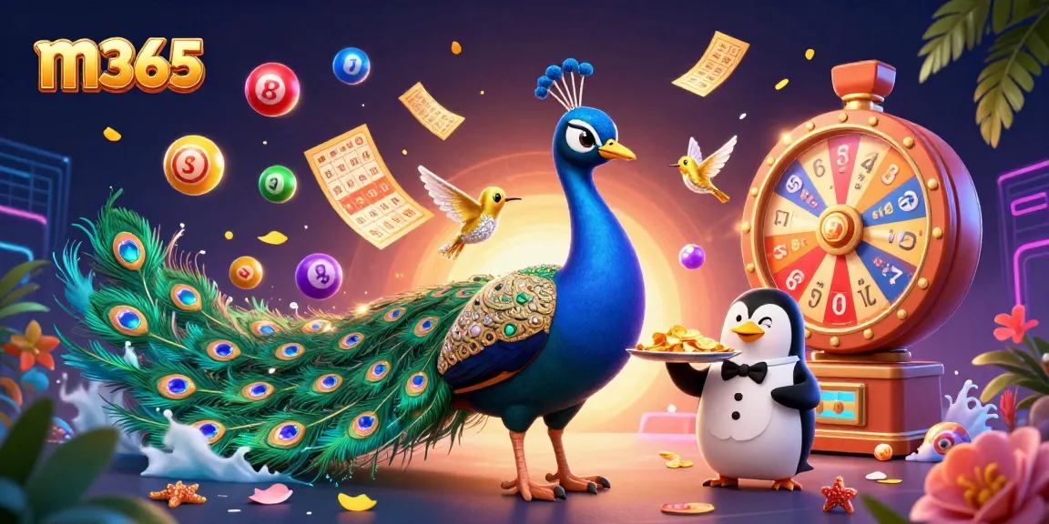 Experience vibrant m365 gaming with animated characters, dynamic lottery elements, and a stunning casino backdrop.
