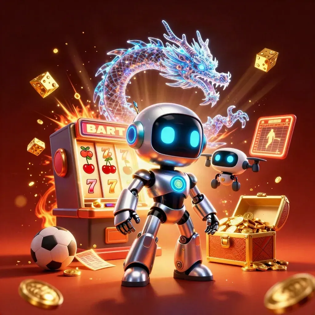Chrome cyberpunk robot, holographic dragon and coin drone amid casino bursts, gold treasure and sports props