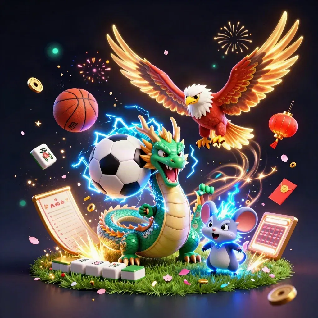 Thunder dragon, hawk and mouse amid casino lucky symbols, balls and electric energy on a dark neon field