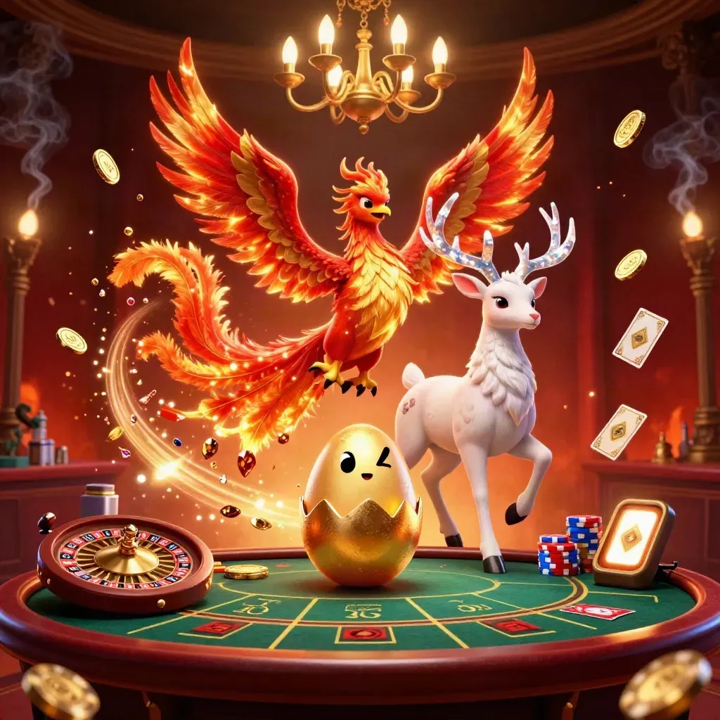Phoenix, stag and casino props in a luxury crimson-gold live casino key art scene.