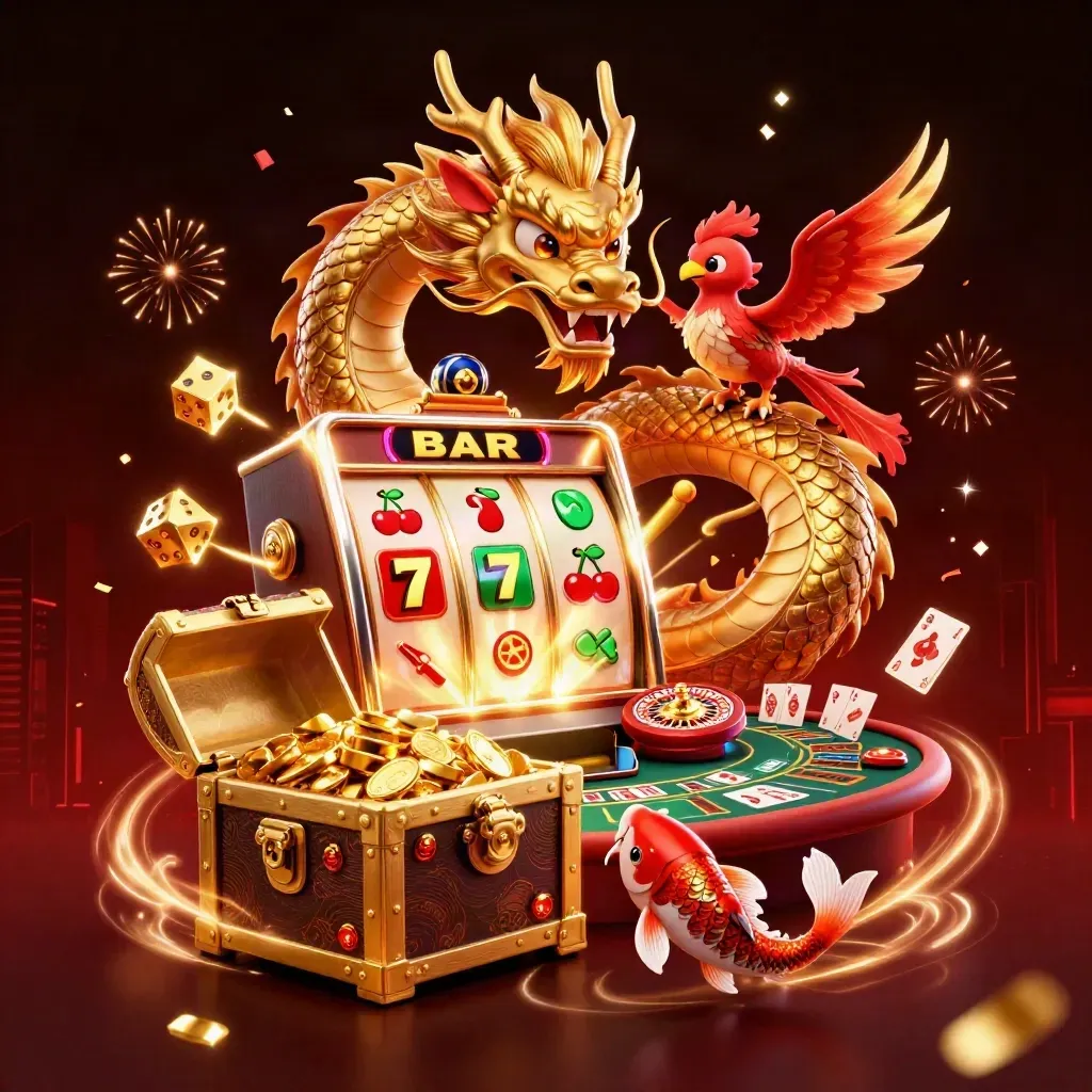 Golden dragon, phoenix, koi and casino treasures explode in a luxe red-black live-casino scene.