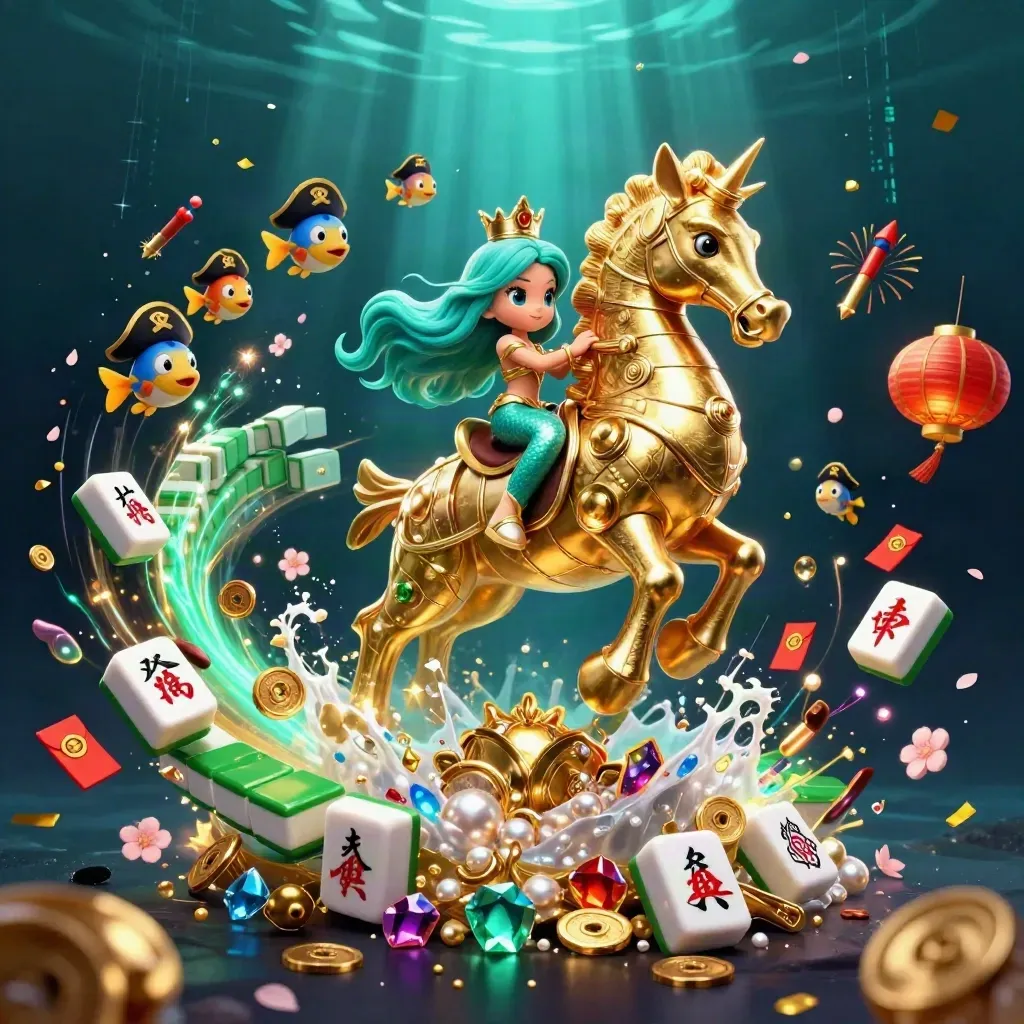 Mermaid princess on armored seahorse amid lanterns, jade coins, mahjong tiles and pirate-hat fish underwater