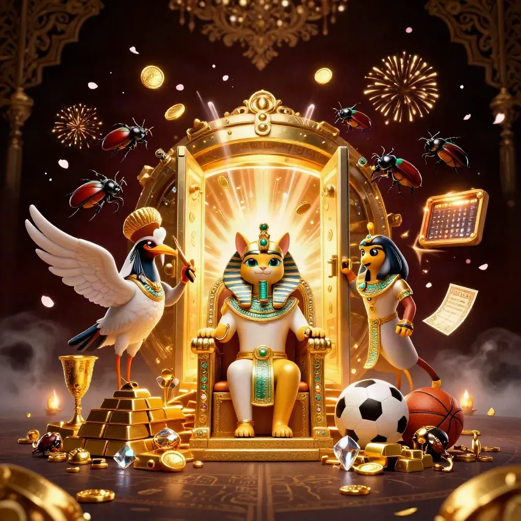 Pharaoh cat, ibis scribe and scarabs amid vault gold, coins, gems, sports betting accents, and fireworks.