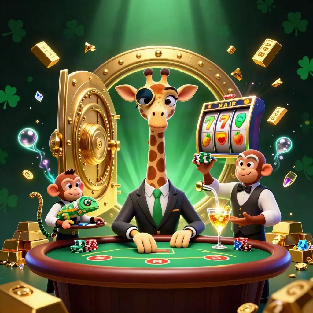 Giraffe, monkey, and chameleon at a glowing casino poker table with treasure and gems.