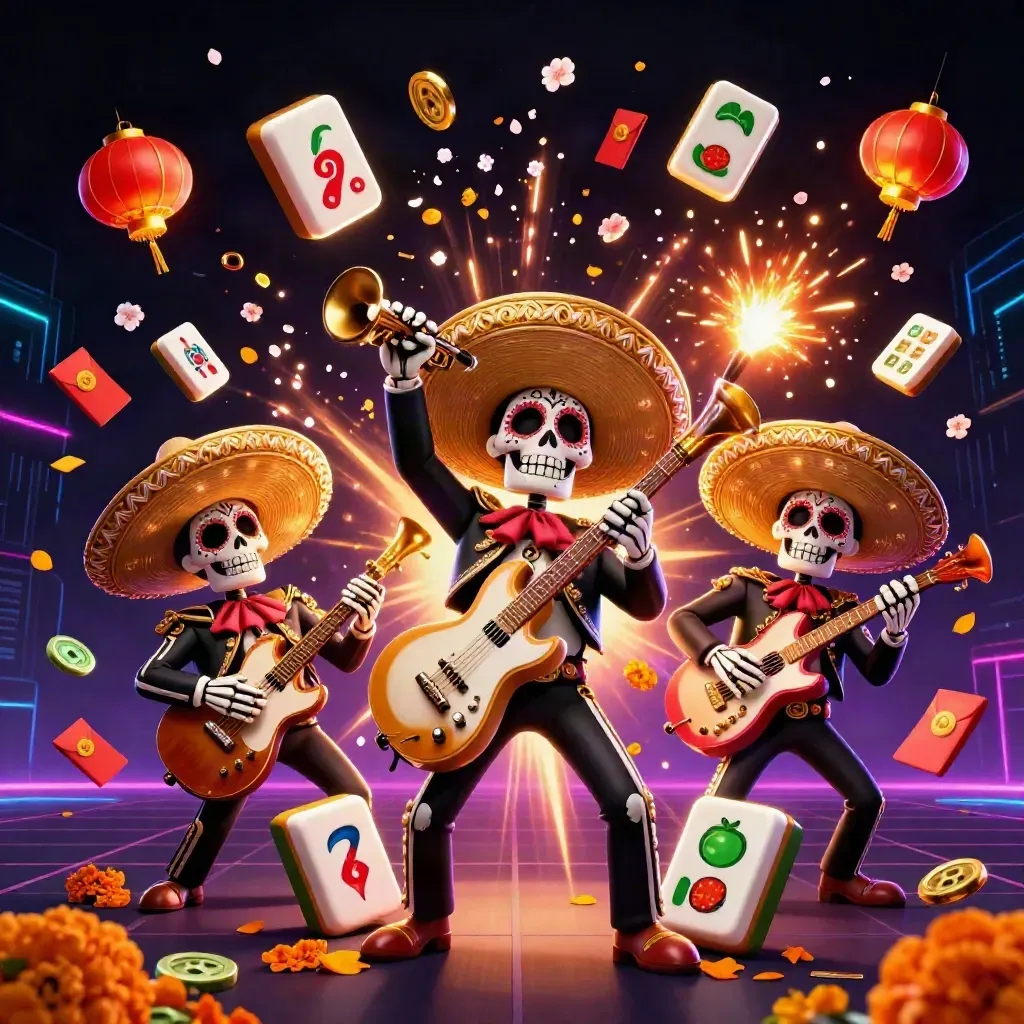 Skeleton mariachi trio amid casino and lucky symbols on a neon dark background.