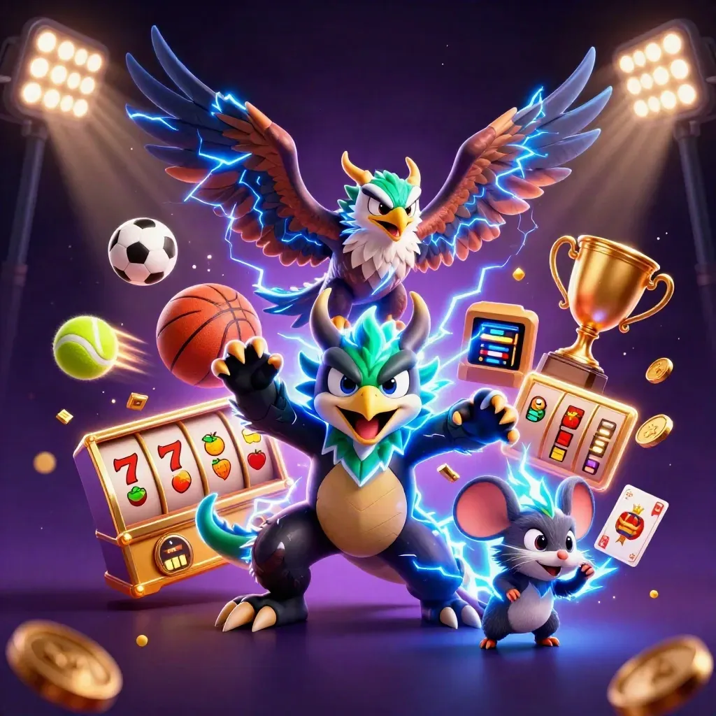 Thunder dragon, hawk and mouse amid casino power symbols, gold coins, and glowing sports props.