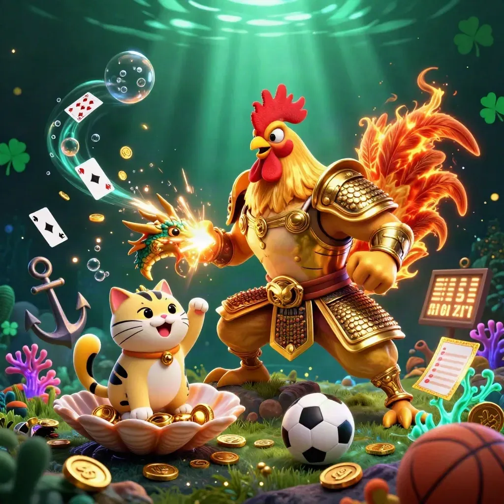 Rooster warrior, dragon hatchling, and fortune cat in an underwater casino treasure cove