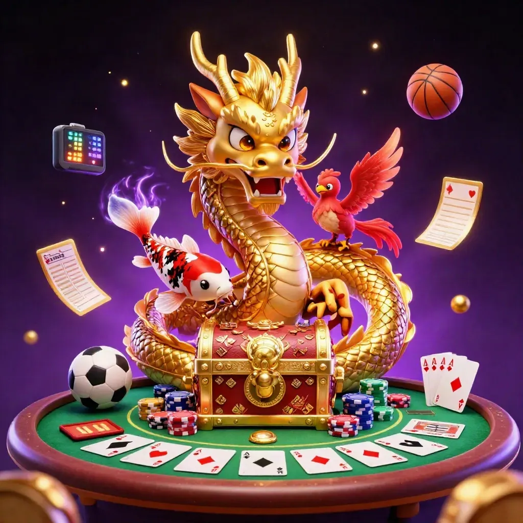 Golden dragon with phoenix and koi amid poker chips, cards and casino rewards on a starfield.