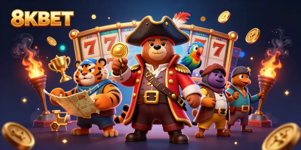 Hệ thống trò chơi 8KBET với gấu thuyền trưởng và sư tử, trải nghiệm casino tràn đầy màu sắc.
