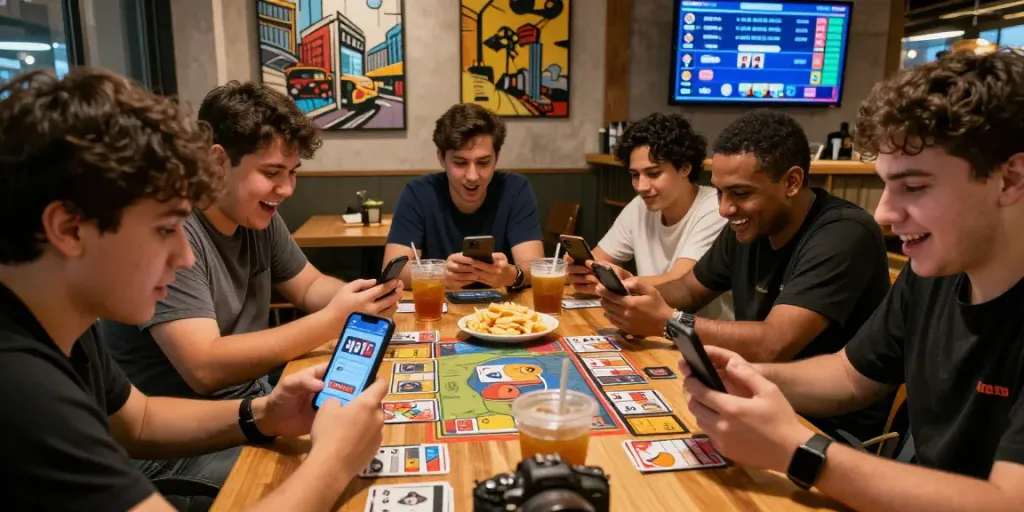 A group enjoying 3 Patti No1 multiplayer gaming at a cafe, showcasing excitement and interaction.