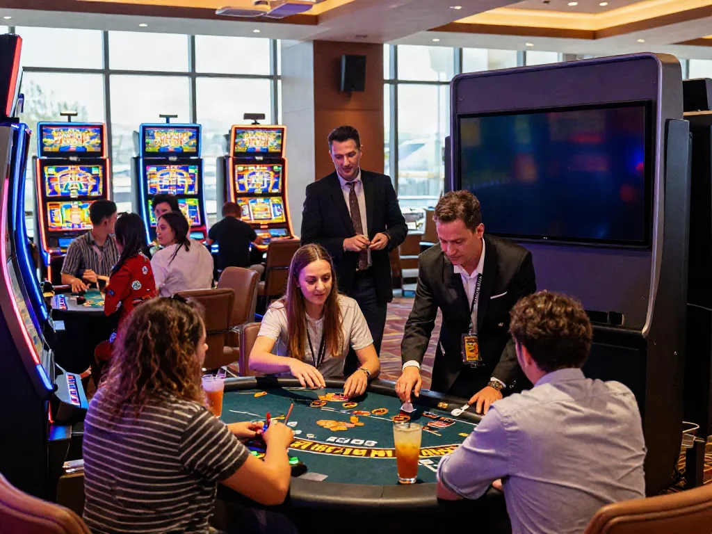 Engaging atmosphere at a casino with link 78win, featuring diverse players and vibrant games.