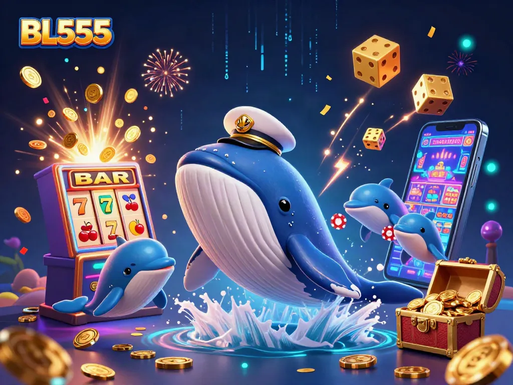 Engage with BL555's vibrant casino world featuring a cartoon whale and playful dolphins.