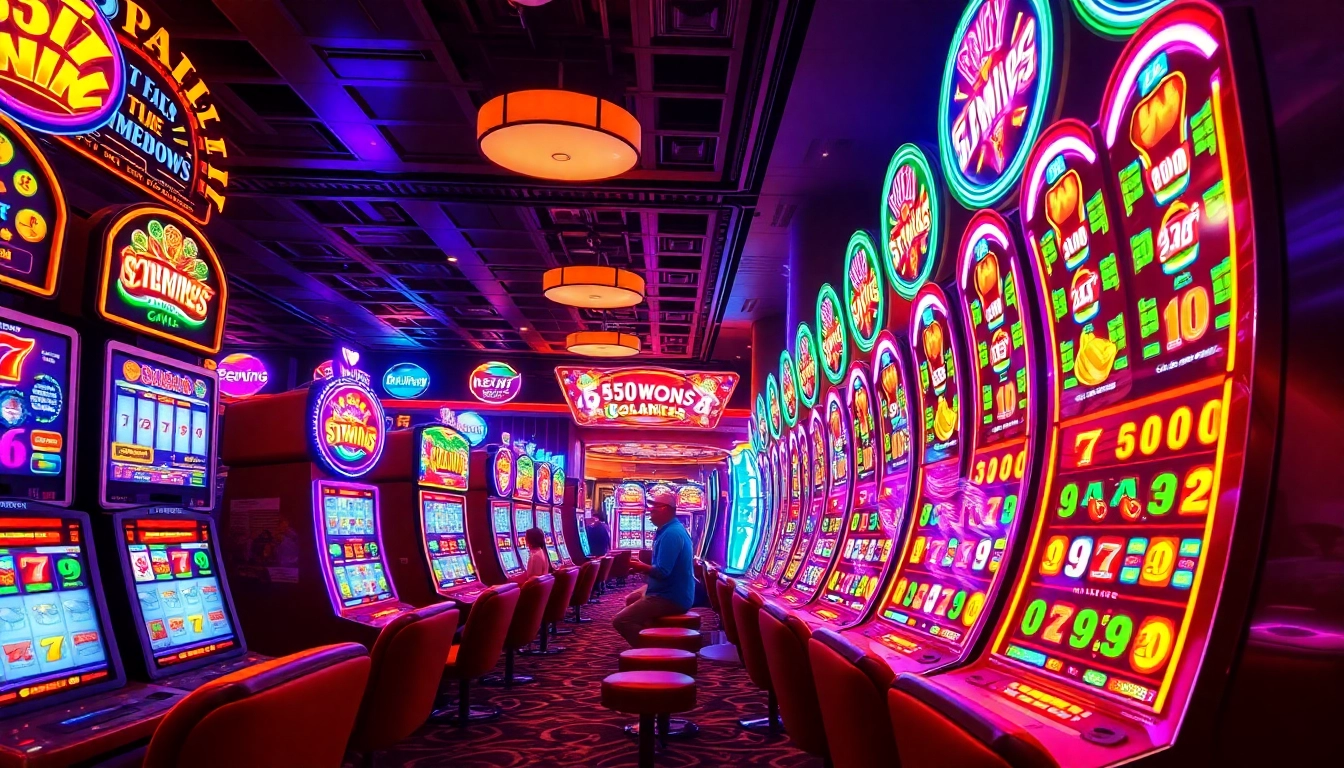 Exciting scene of players celebrating wins at vibrant slot machines themed around 555win.