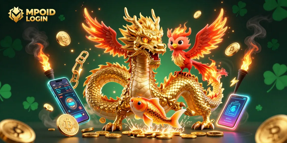 Engage with MPOID LOGIN for an exciting gaming experience surrounded by dynamic crypto elements and mythical icons.