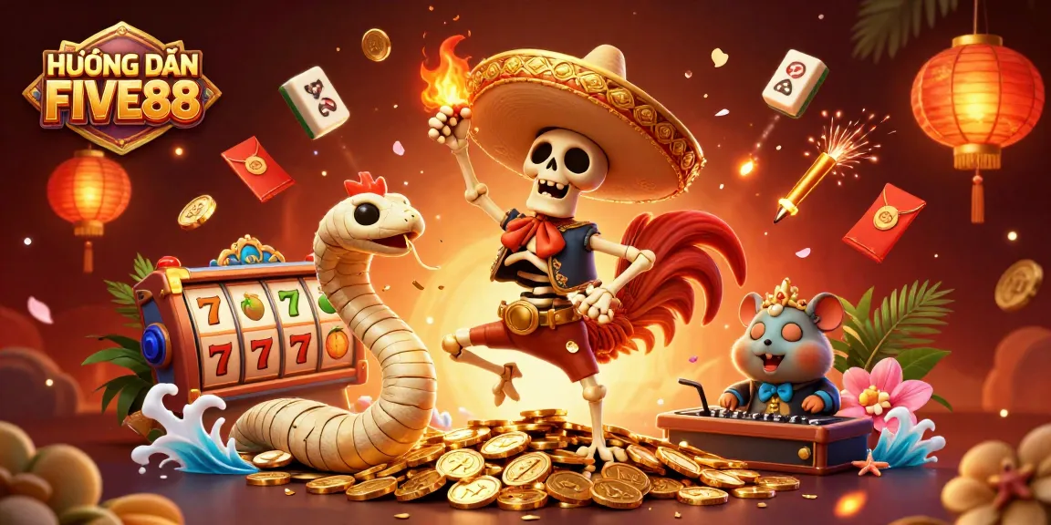 Engaging illustration of HƯỚNG DẪN FIVE88 showcasing a mariachi rooster celebrating on coins amidst slot game elements.