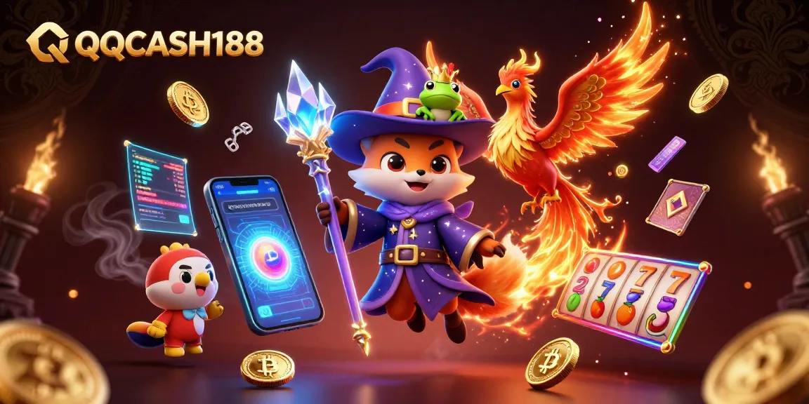 Experience exciting slot action with QQCASH188, featuring a mystical wizard, phoenix, and enchanted frog.