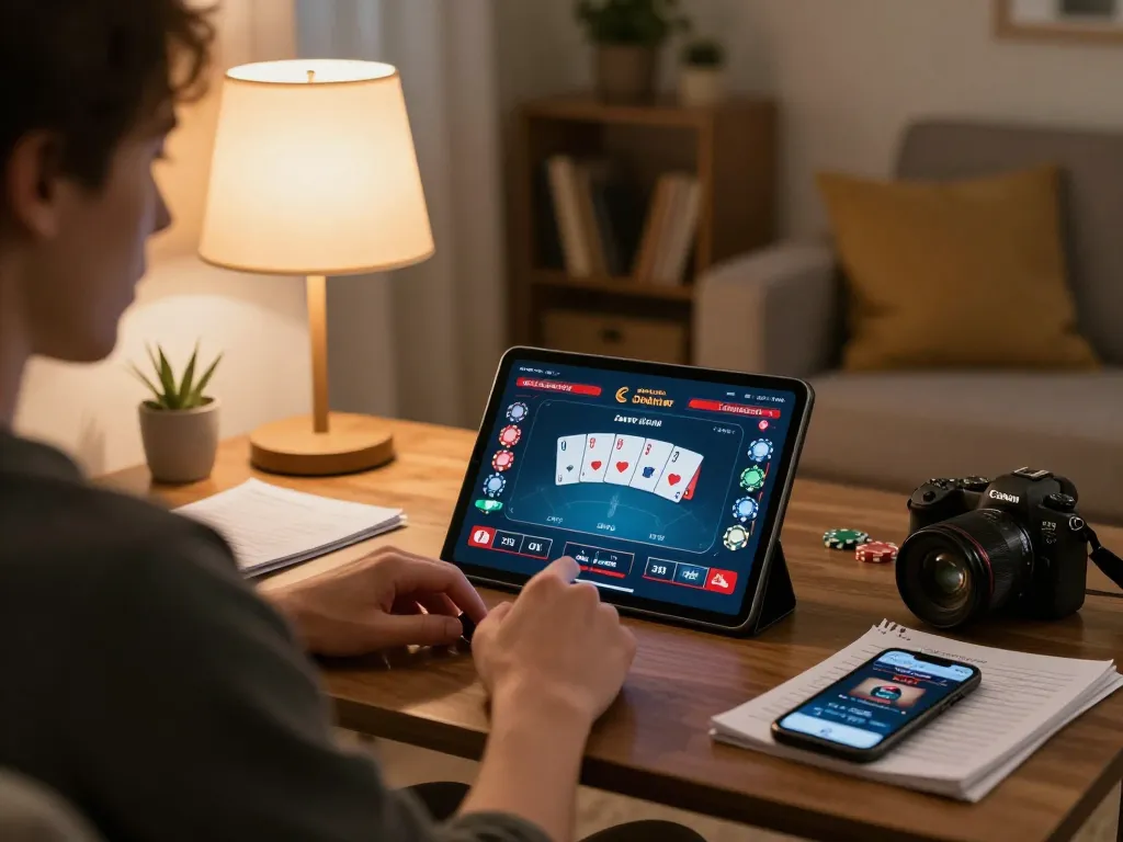Engaging in online poker game on tablet with 90phut strategy notes visible.