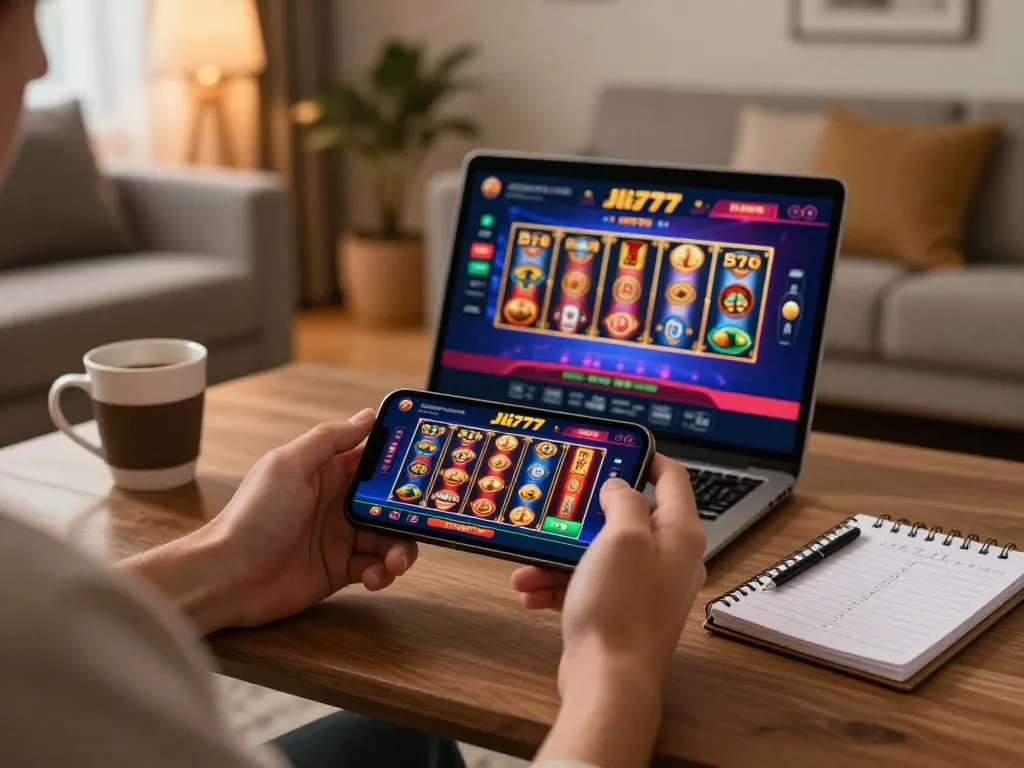 Engaging mobile gaming experience with Jili777 casino app displayed on smartphone in a stylish living room.