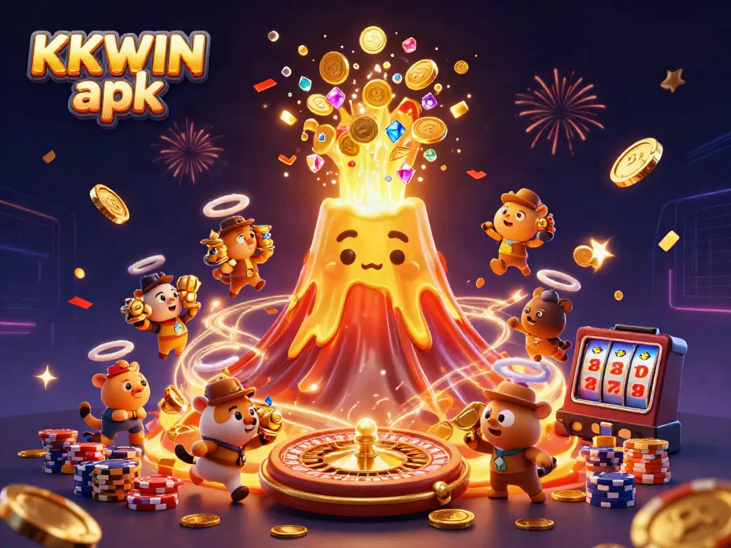 Experience the excitement of KKWIN apk with vibrant illustrations of a golden volcano erupting treasure, symbols of games, and celebratory elements.