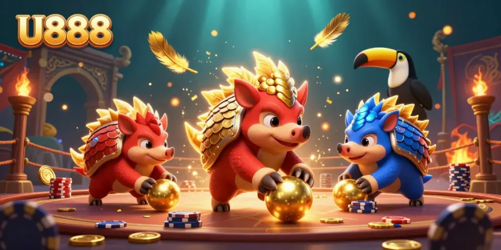 Experience exciting U888 gameplay with rival pangolins bowling through poker chips in vibrant casino action.