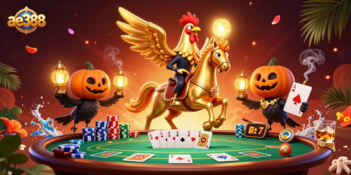 Join the enchanting world of ae388 as a golden rooster navigates the thrilling casino scene.