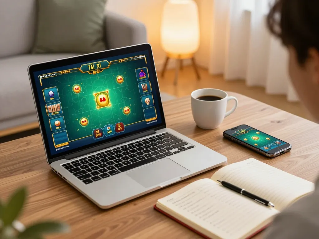 Tài Xỉu gaming setup with laptop and smartphone displaying game interface and strategies