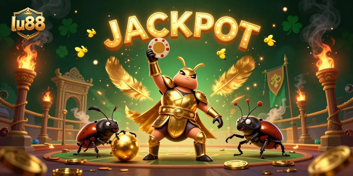 Engage in thrilling casino action with lu88, showcasing a gladiatorial beetle and vibrant jackpot elements.