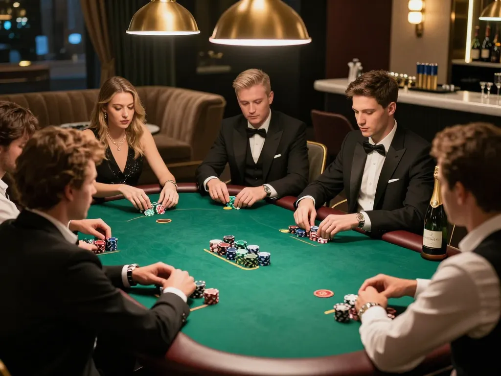Strategic poker gameplay in a luxurious VIP area at F168 VIP, players focused on winning.