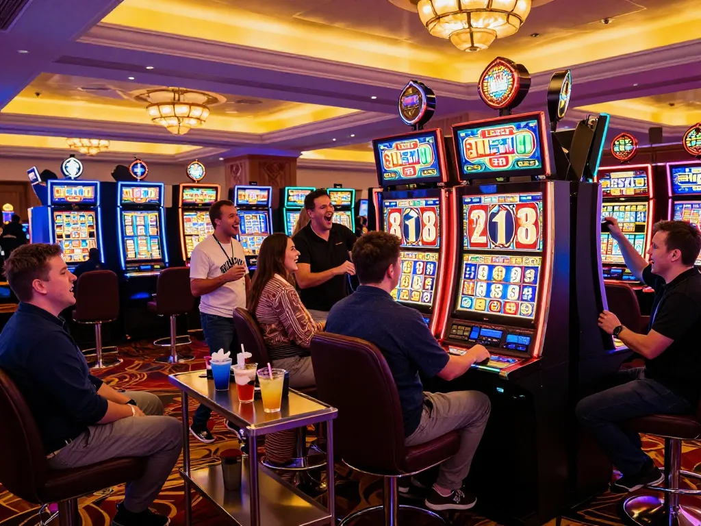 Excited players enjoying the Lucky 88 slot machine in a vibrant casino atmosphere.