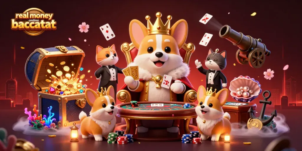 Experience the thrill of real money online baccarat in a whimsical casino scene with royal corgis.