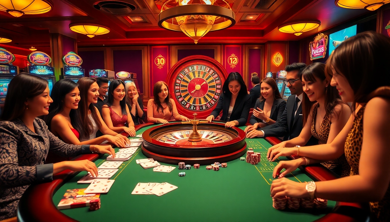Fun88 players enjoying a thrilling casino experience at a vibrant gambling table with cards and chips.